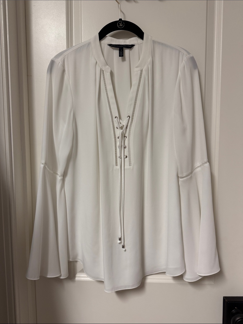 White House Black Market White Lace-Up V-Neck Bell Sleeve Blouse